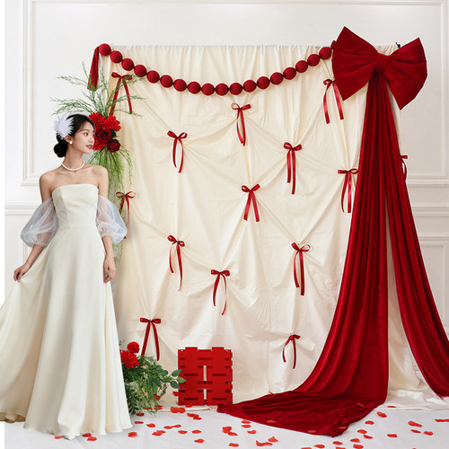 结婚订婚场景红丝绒大号蝴蝶结装饰晨袍新人拍照背景布支架挂布