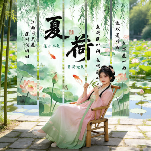 夏日古风荷花挂布背景拍照