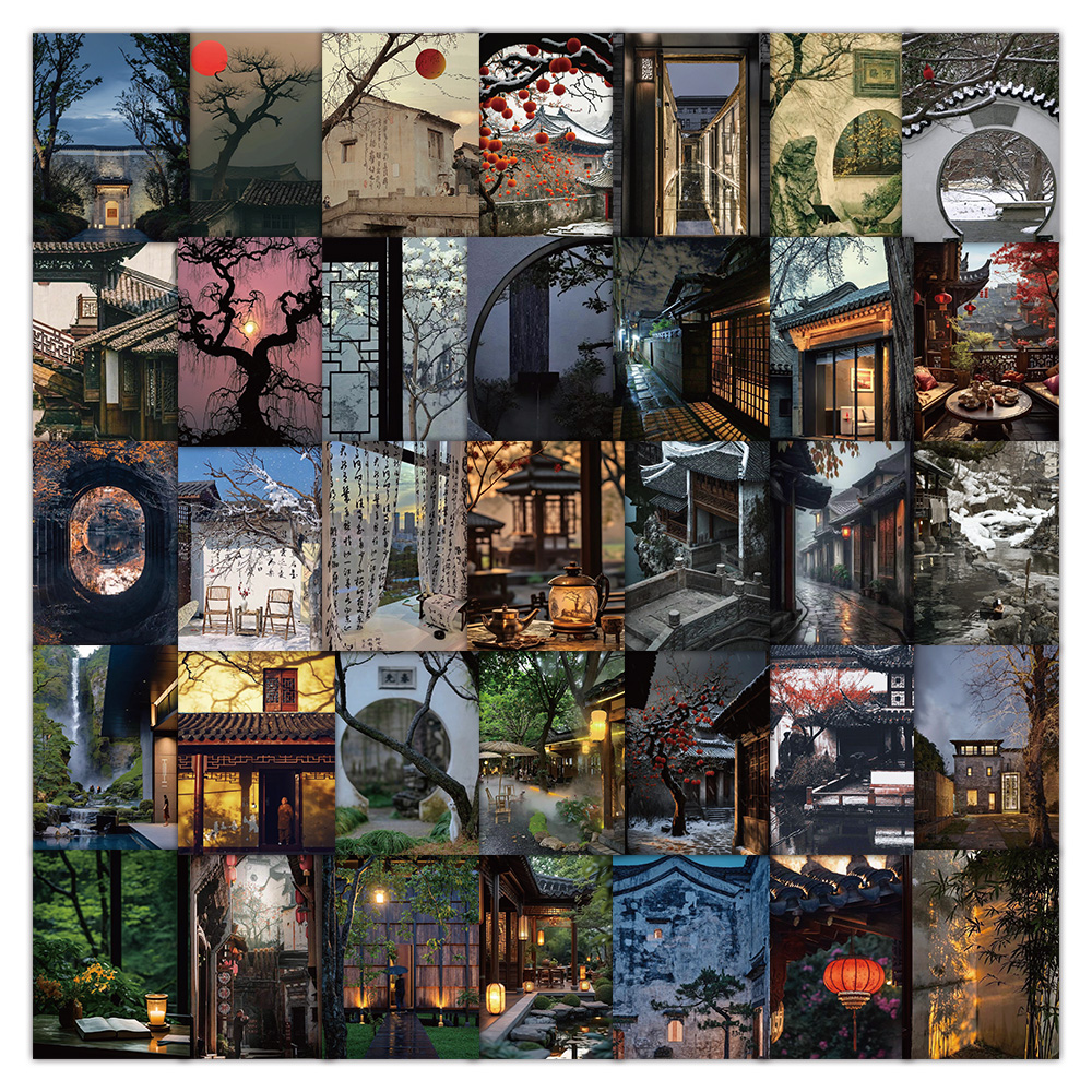 250张中式风景贴纸国潮复古文艺写实图案装饰手机壳水杯防水贴画