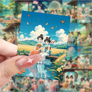 饰笔记本手账防水贴画 126荷塘少女贴纸ins高颜值古风精美周边装