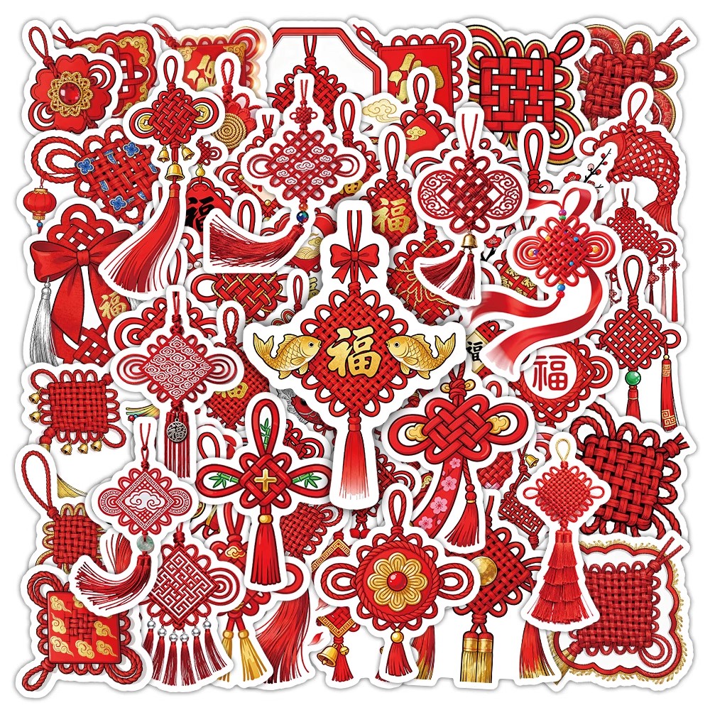 360张中国结贴纸春节福字传统文化红色喜庆装饰橱窗玻璃防水贴画