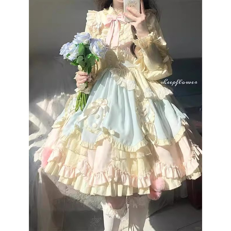 蓝粉可爱甜美洋气lolita长袖连衣裙OP蓬蓬在逃公主裙洛丽塔秋冬款