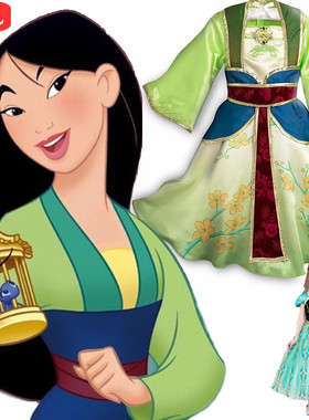 儿童万圣节cos迪士尼花木兰演出服装侠女风古装汉服公主裙绿色