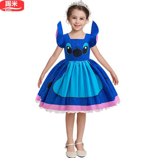 外贸新款儿童史迪奇Stitch女童飞飞袖连衣裙表演蓬蓬裙舞台演出服