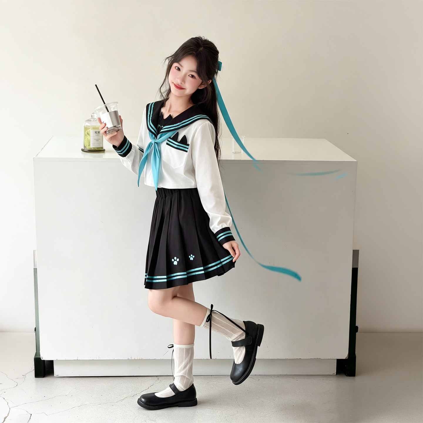 初音未来女童JK水手服百褶裙套装图片