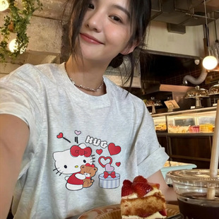 美式 新款 卡通kt猫印花减龄百搭上衣 T恤女夏季 白灰色圆领正肩短袖