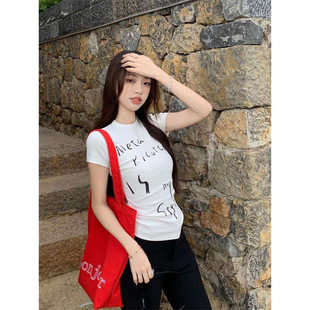 显瘦修身字母T恤女 2026夏季新款 匠一跨境网红爆款短袖上衣
