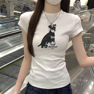 简约百搭休闲纯棉上衣女 新款 白色圆领正肩小狗印花短袖 T恤女夏季