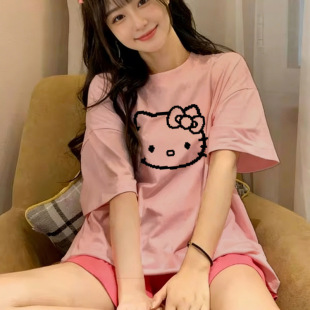 美式 新款 卡通凯蒂猫印花减龄宽松上衣 T恤女夏季 灰色圆领纯棉短袖