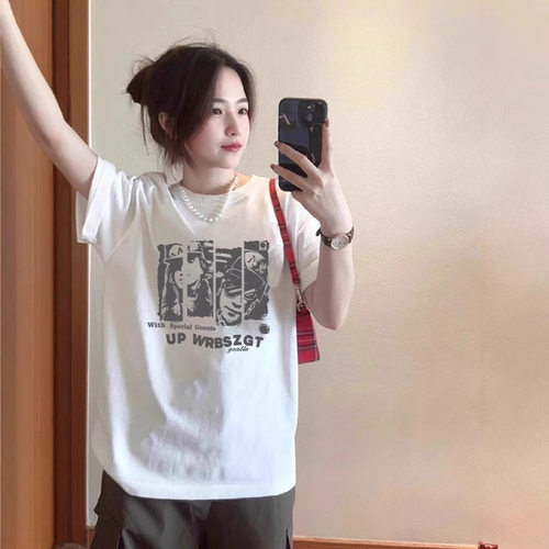 2025新款美式复古白色t恤短袖oversize宽松春夏季纯棉白色上衣女