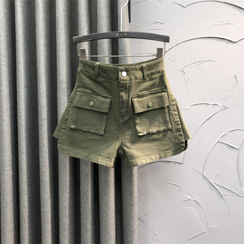军绿色高腰牛仔短裤女2025新款夏天时尚设计感辣妹A字工装阔腿裤