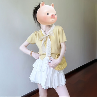 一整套多巴胺黃色蕾絲飄帶T恤半身裙子兩件套裝 2025超火夏裝 女夏