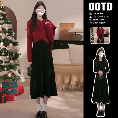 红色毛衣针织连衣裙女秋