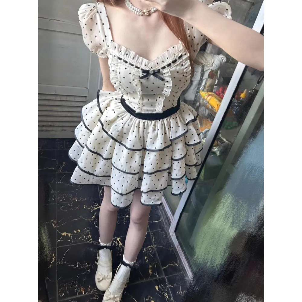 法式蝴蝶结波点连衣裙夏季小个子甜美泡泡袖蓬蓬裙修身显瘦短裙子