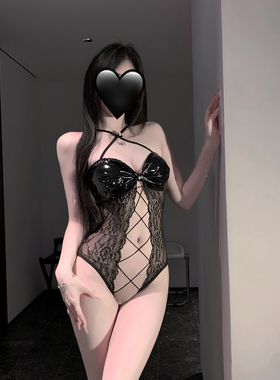 性感风蕾丝漆皮连体衣女交叉绑带镂空显胸显瘦私房情调免脱内衣服