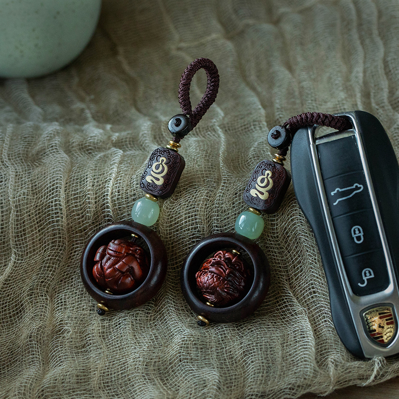 保真和田玉紫檀木蛇年好运十二生肖钥匙扣汽车挂件复古风挂饰情侣