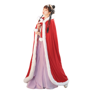 汉服女红色斗篷披风秋冬季长款加绒加厚保暖古装中国风儿童拜年服