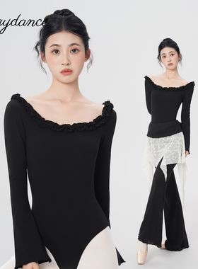 新款长袖舞蹈服女成人秋冬芭蕾舞练功服荷叶领体服高胯连体服套装