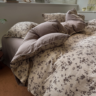 四件套柔软舒适素雅单被套单枕套 复古印花纽扣款 2025新款 原麻风格