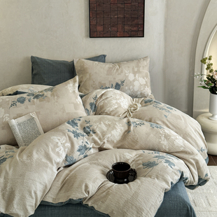 A类新款 提花高克重原麻复古水洗亚麻皱皱纱印花四件套宿舍床套件