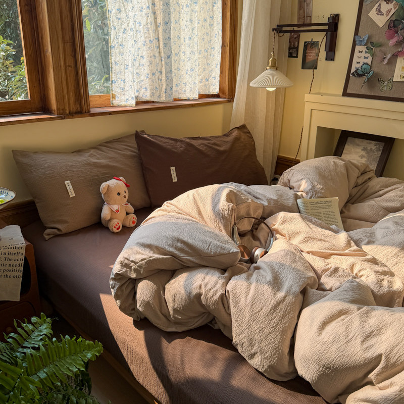 2026新款慵懒风纯色双拼云感泡芙棉学生床三件套四件套被套床单,床上用品,床品套件/四件套/多件套,淘宝优惠券,粉丝福利购,淘宝优惠卷