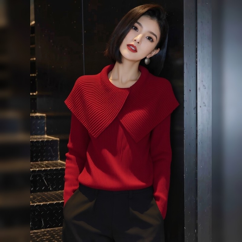 法式极简款新年红色大翻领针织毛衣女秋冬新款氛围感慵懒洋气上衣,女装/女士精品,大码内搭,淘宝优惠券,粉丝福利购,淘宝优惠卷
