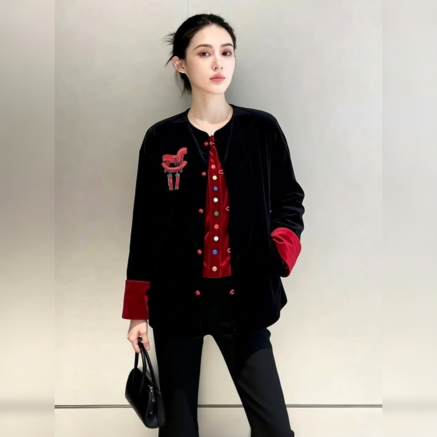 高级感洋气新年穿搭黑色小马钉珠撞边丝绒外套衬衫套装女春季新款,女装/女士精品,常规大码外套,淘宝优惠券,粉丝福利购,淘宝优惠卷