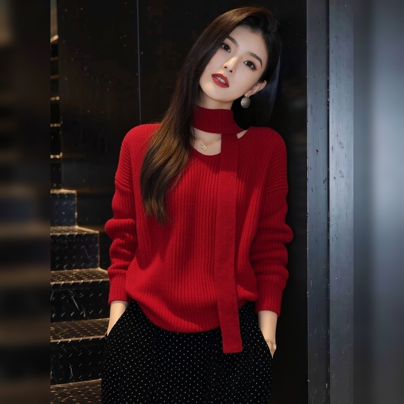 甜美氛围感新年红色针织衫女秋冬款飘带V领重要场合漂亮内搭上衣,女装/女士精品,大码内搭,淘宝优惠券,粉丝福利购,淘宝优惠卷