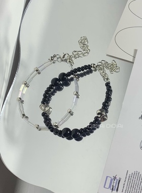 满五送一 原创DIY双层爱心方块ins小众简约个性黑白串珠手链