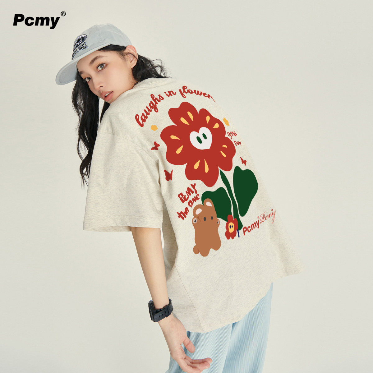 PCMY红花与小熊潮牌短袖上衣2026新款夏季男女装休闲百搭纯棉T恤