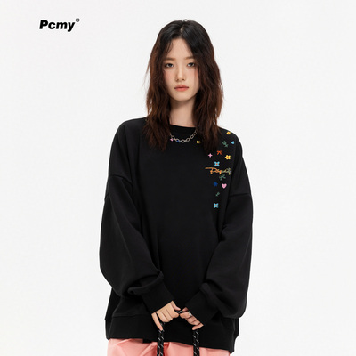 PCMY潮牌小花朵卫衣2026秋季新款圆领休闲情侣装小众上衣服百搭