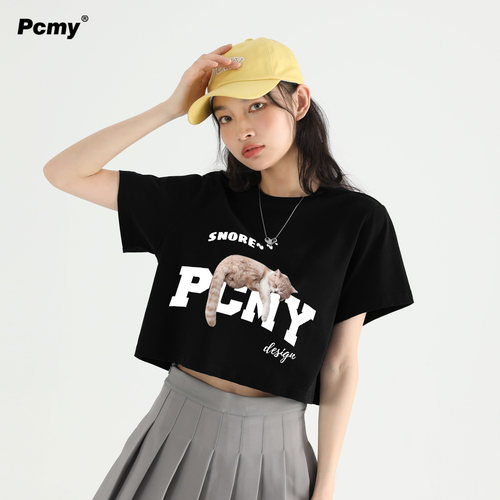 PCMY小懒猫时尚潮牌插肩短袖2026夏季新款女士高级感纯棉短款T恤