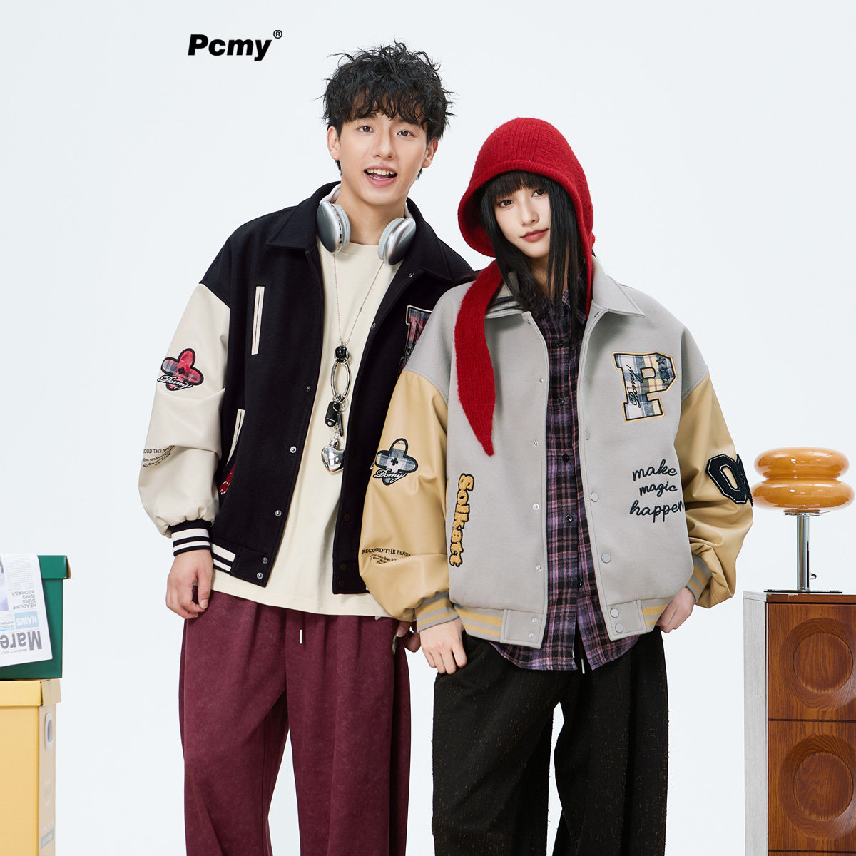 PCMY明星同款美式潮牌刺绣翻领棒球服外套宽松情侣装加厚棉服夹克