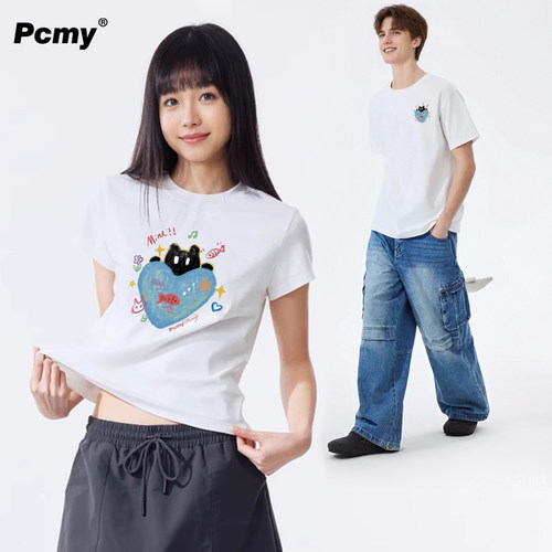 PCMY爱心猫咪印花短袖T恤女2026夏季新款情侣装一长一短半袖上衣