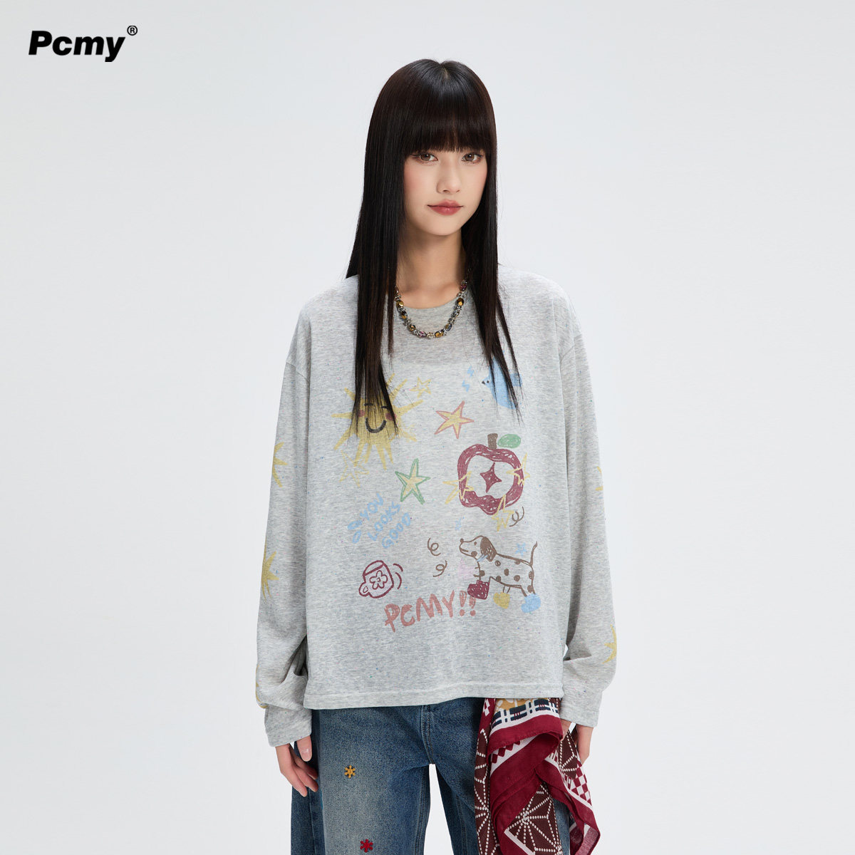 PCMY潮牌李小冉同款涂鸦印花春夏季长袖T恤女慵懒风宽松防晒罩衫