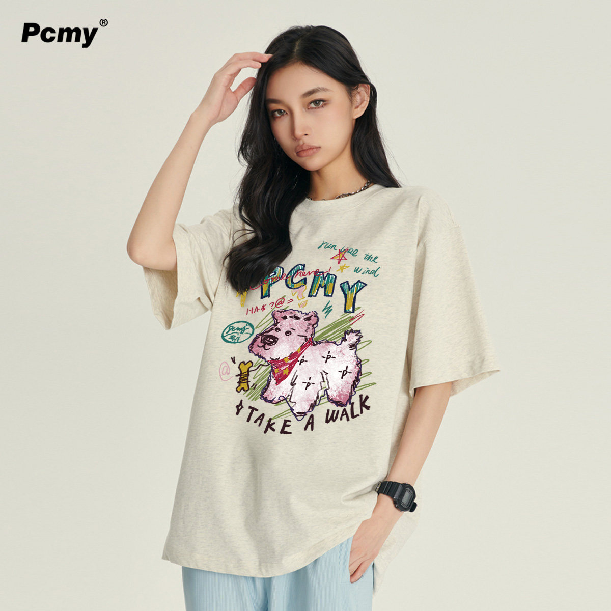 PCMY围巾小狗短袖t恤女夏季2026新款宽松纯棉情侣装春装半袖上衣