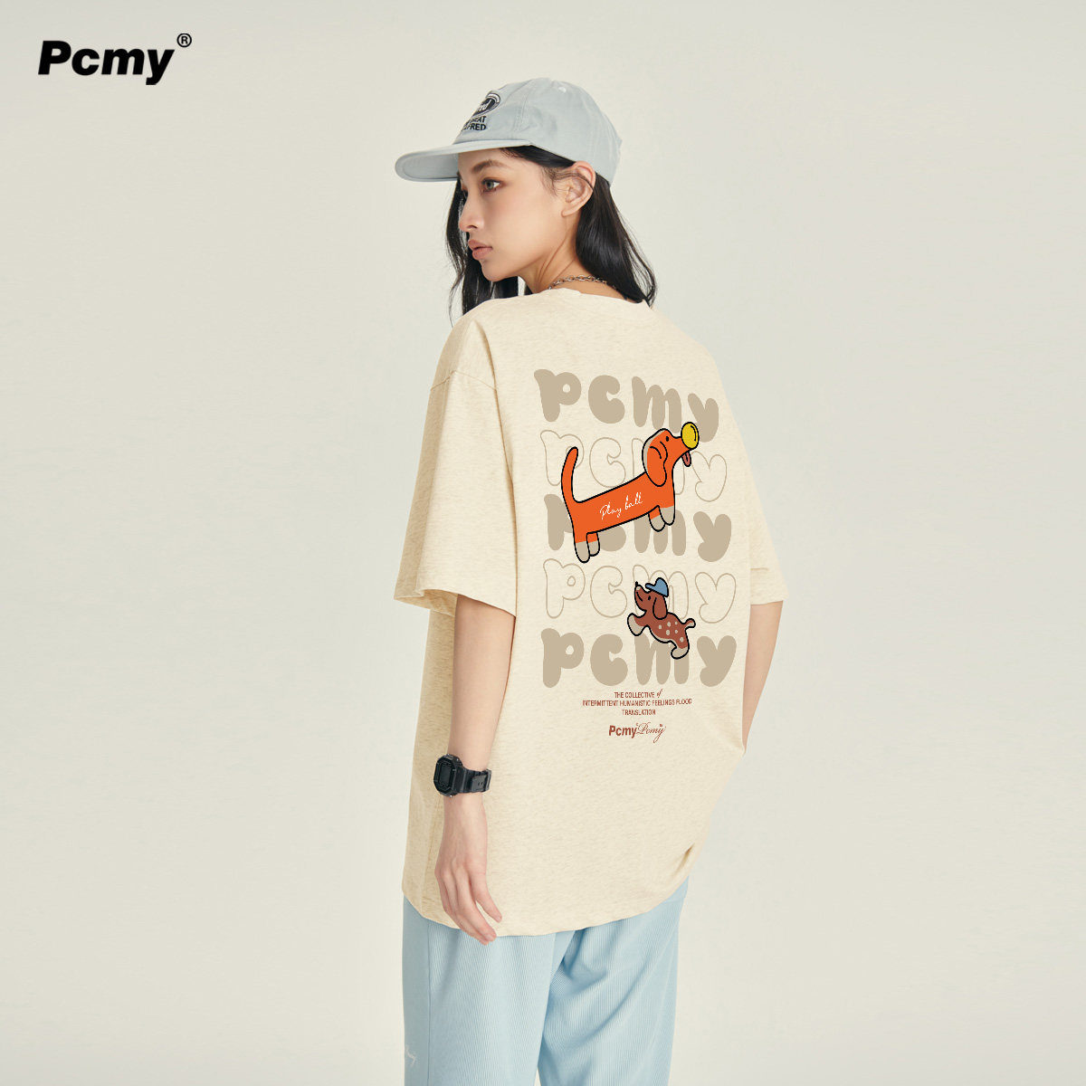 PCMY帽子小狗短袖t恤男女2026新款潮流夏季青少年宽松纯棉情侣装