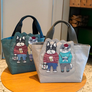 25年秋冬出口日本正品 刺绣保罗法斗便携帆布包手拎饭盒包 气质款