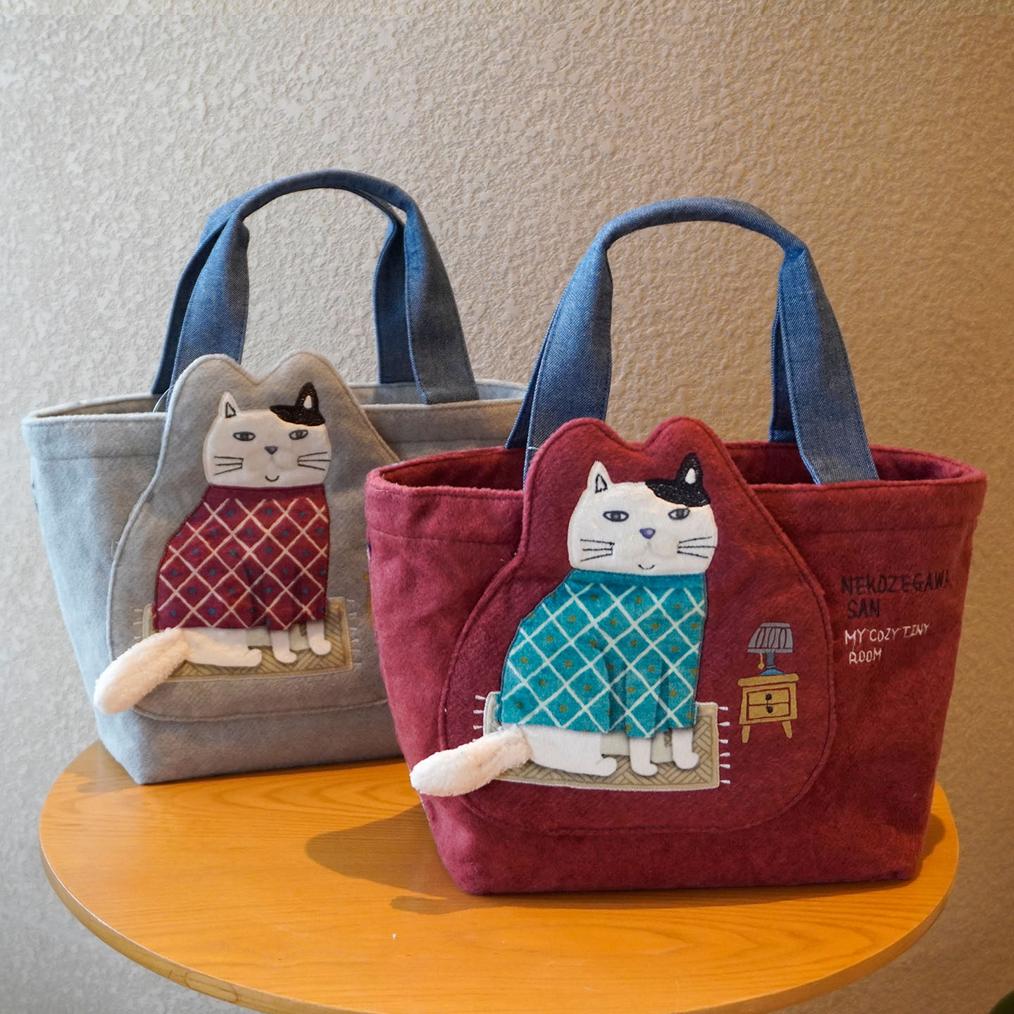 日式磨毛 Kusuguru秋冬手提布包 刺绣猫咪贴布托特包 可爱便当包