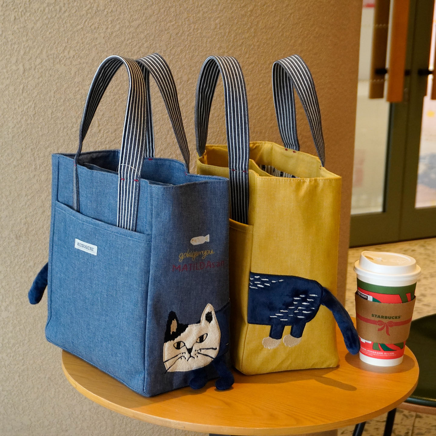 日本Kusuguru刺绣玛蒂尔达多隔层手提包精致贴布通勤水杯位帆布包