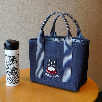 日杂模特同款刺绣猫咪牛仔托特包