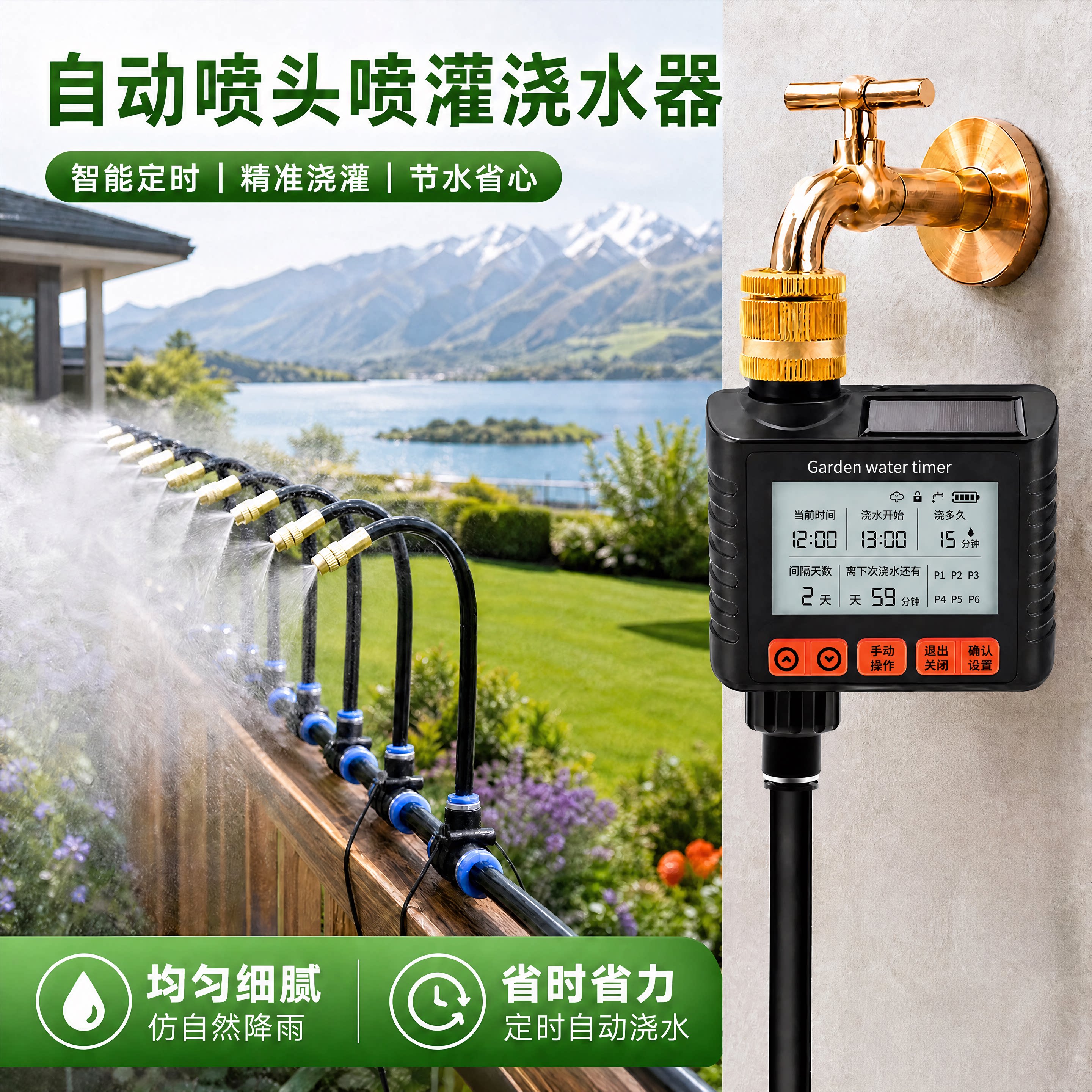 自动喷头喷灌浇水器 太阳能浇花神器定时滴灌喷雾化喷淋喷头花园