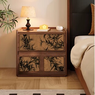 中古风全实木床头柜创意床边收纳家用卧室轻奢高级感黑色沙发边柜