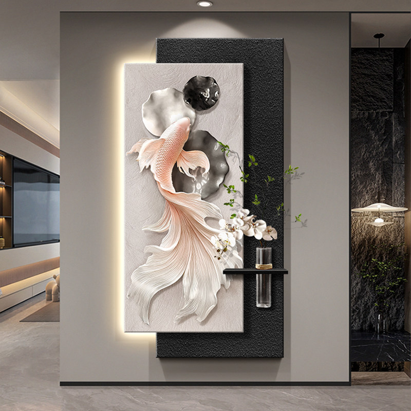 锦鲤玄关装饰画轻奢高级感走廊尽头挂画寓意好入户进门过道壁画