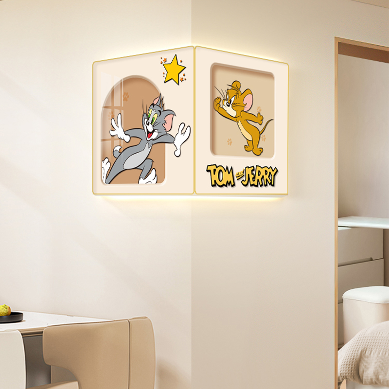 奶油风猫和老鼠双面转角装饰画客厅艺术壁画走廊阳角带灯壁灯挂画