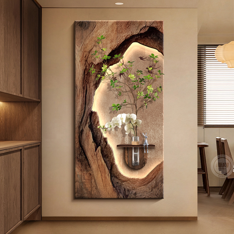 中古风入户玄关装饰画复古高级感走廊过道挂画水培绿植立体壁画灯图片
