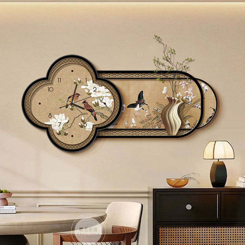 中古风餐厅装饰画带钟表2025新款餐桌挂画高级感复古客厅挂钟壁画图片