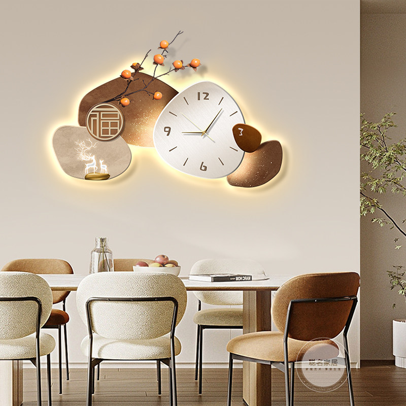 轻奢高档餐厅装饰画壁灯简约抽象带钟表柿子挂画客厅客厅背景墙画