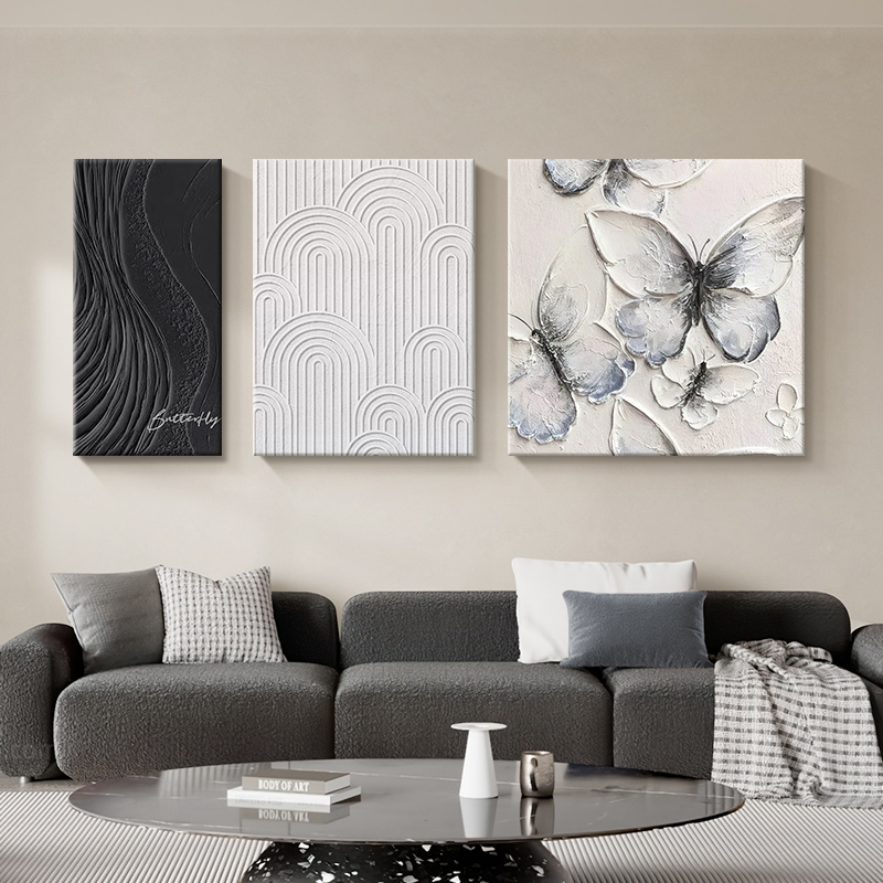 现代极简客厅装饰画肌理感蝴蝶三联壁画高级感抽象沙发背景墙挂画图片