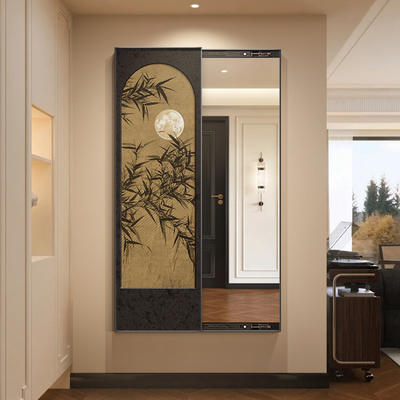 中古隐形穿衣镜壁画法式复古推拉隐藏式全身镜玄关装饰画竹子挂画